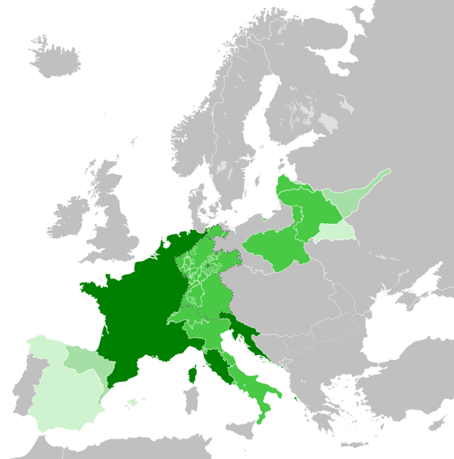 Первая империя в своём максимальном расширении по состоянию на сентябрь 1812 года:\n Французская империя\n Зависимые государства\n Военные администрации\n Де-юре границы зависимых государств, не находящиеся под их контролем