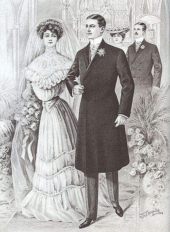 Formal black frock coat with silk-faced lapels, light grey waistcoat, striped trousers, button boots, gloves, ascot-knotted cravate,  and necktie pin; April 1904.
