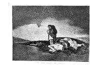 Лист 60: Никто не поможет (No hay quien los socorra). На сколе холма лежат три мёртвые женщины, в стороне их оплакивает одинокая фигура.