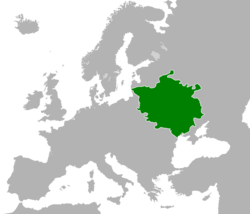 The Grand Duchy of Lithuania at the height of its power in the 15th century, superimposed on modern borders