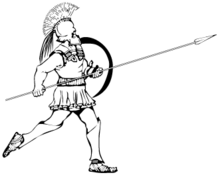 A hoplite armed with an aspis and a doru. It is usually agreed that the doru could not be used two-handed with the Aspis. Greek hoplite.png