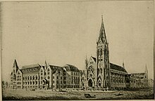 DuBourg Hall, the oldest building on SLU's campus, and St. Francis Xavier College Church in 1909 Historical and interesting places of Saint Louis (1909) (14782704624).jpg