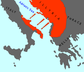 Illyrian colonization of Italy (9th century BC), according to some modern historians. Illyrian colonies in Italy 550 BC (English) (simple map).svg