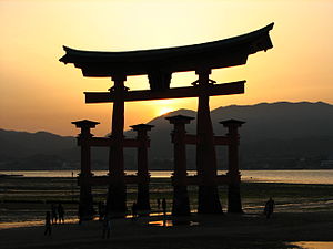 Itsukushima-jinja torii at sunset, Miyajima Is...
