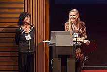 Hope Bohanec introduces UPC president and founder Karen Davis at the 2018 Conscious Eating Conference in Berkeley, California. Karen Davis and Hope Bohanec 20180310-0611.jpg