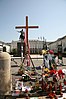 A memorial wooden cross in front of the Presidential Palace in Warsaw in the summer of 2010