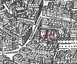 Santa Croce a Montecitorio (vid den röda pilen) på Giovanni Maggis karta över Rom från år 1625.