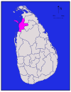 Карта района Маннар, вдоль северо-западного побережья с восточной границей, идущей во внутренние районы, также включает большой остров примерно овальной формы в Северной провинции Шри-Ланки