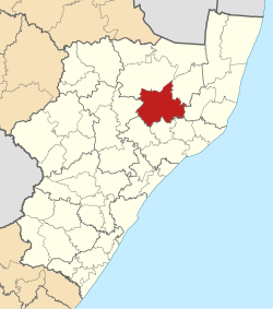 Kaart van Suid-Afrika wat Ulundi in KwaZulu-Natal aandui