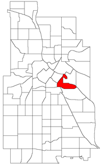 Location of Cedar-Riverside within the U.S. city of Minneapolis