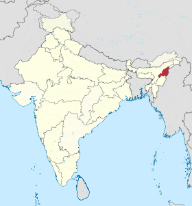 Nágáland na mapě Indie, území, kde se mluví nágálandskou kreolštinou