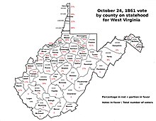 Map of the 50 western Virginia counties and the vote for a separate state cast of October 24, 1861. 1860 county census data for voter numbers for each county, 21 years old and older.