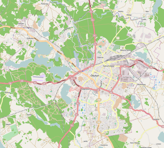 Mapa konturowa Olsztyna, w centrum znajduje się punkt z opisem „Kaplica Jerozolimska w Olsztynie”