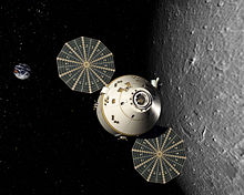 Artist's conception of Orion (as then-designed) in lunar orbit Orion lunar orbit (Sept 2006).jpg