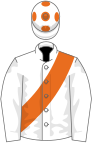 White, orange sash and spots on cap