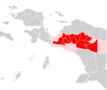 Map of regencies which implement the noken system for elections according to General Elections Commission.
Red: practiced the noken system for the 2019 elections. Pink: used to practice the noken system, but not for the 2019 elections Papua noken system.svg