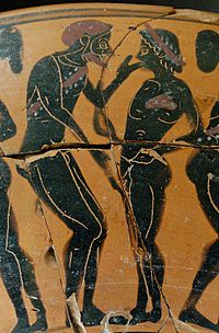 Pederastic scene on an Attic Lekythos. 530 - 520 BCE Pederastic courtship Louvre CA3096 n2.jpg