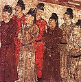 "Un grupo de eunucos. Mural de la tumba del príncipe Zhanghuai, 706, Qianling, Shaanxi."