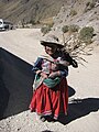 Quechua woman in Chivay, Peru, carrying wood in an aguayo