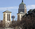 The Cathedral of San Fernando, the Tower Life Building, and the Tower of the Americas.