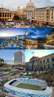 Images, from top, left to right: Plaza Morazán, Plaza Libertad, Plaza Gerardo Barrios, Torre Roble Metrocentro, National Palace, Estadio Cuscatlan