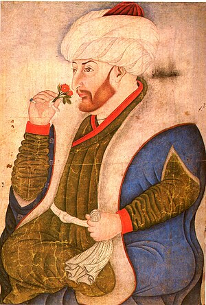 English: Sultan Mehmed II smelling a rose, fro...