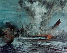 HMS Hood sinking after a catastrophic explosion during battle with Bismarck. Sinking of HMS Hood (cropped).jpg