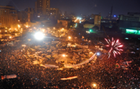 Top: celebrations in Tahrir Square after the announcement of Hosni Mubarak's resignation.Bottom: protests in Tahrir Square against President Morsi on 27 November 2012.