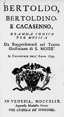 Description de l'image Title page of 'Bertoldo, Bertoldino e Cacasenno' 1749 Venice – Library of Congress.jpg.