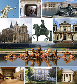 From top left to bottom right: Le Soir ("The Evening" in the gardens of Versailles); rue des Deux-Portes; the Château de Versailles taken from the gardens; Versailles Cathedral; equestrian statue of Louis XIV, place d'Armes, in front of the Château; Church of Notre-Dame, Versailles, parish church of the Château; the bassin d'Apollon in the gardens of Versailles; la salle du Jeu de paume (where the Tennis Court Oath was signed); the Musée Lambinet (municipal museum of Versailles); the Temple de l'Amour ("Temple of Love", garden of the Petit Trianon)