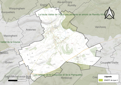 Carte des ZNIEFF de type 2 sur la commune.