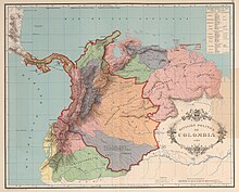 Map showing the shrinking territory of Gran Colombia from 1824 to 1890 (red line). Panama separated from Colombia in 1903. AGHRC (1890) - Carta XI - Division politica de Colombia, 1824.jpg