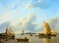 Petrus Johannes Schotel: A river landscape with sailing vessels-large