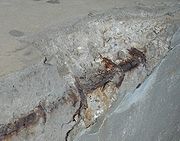 Carbonation-iniated detoriation of concrete (at Hippodrome Wellington)