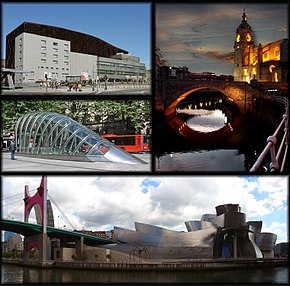 De cima para baixo, da esquerda para a direita: vista panorâmica da cidade; Palácio Euskalduna e estação de metro de Abando; ponte e igreja de Santo Antão; e Museu Guggenheim Bilbao