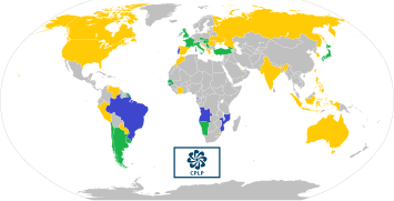 Map of the Community of Portuguese Language Countries; member states (blue), associate observers (green), and officially-interested countries & territories (gold)