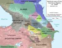 Georgia and the Caucasus in 1060, during the final decline of the emirate Caucasus 1060 map en.svg