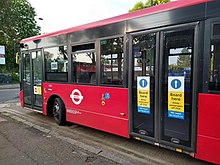 London bus with COVID-19 central door entry Central boarding on London buses during the 2020 Covid-19 pandemic.jpg
