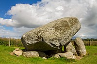 Der Browneshill-Dolmenvon - Bild rechts von links: ein Seitenstein, ein Portalstein, der Türstein und der zweite Portalstein; darüber der Deckstein