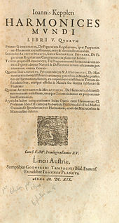 1619 first edition of Harmonices Mundi, full title Ioannis Keppleri Harmonices mundi libri V (The Harmony of the World), by Johannes Kepler. Harmonices Mundi 0001-lg.jpg