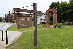 The site of the now-razed Italian Hall. This was the site of the Italian Hall disaster, one of the most tragic events in American labour history and the climax of a bloody, tense strike. The event changed the Keweenaw forever.