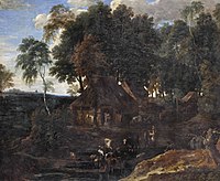 Жак д'Артуа. Суанський ліс із селянським господарством, селянами, коровами і козами біля водопою.