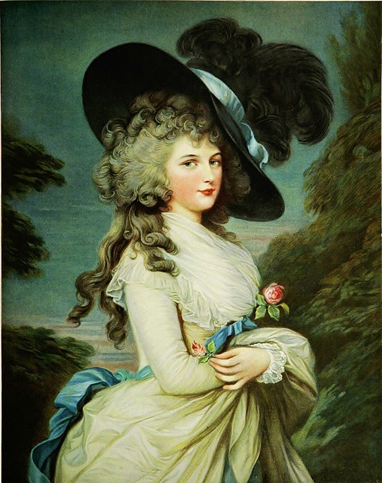 Lithographie de Georgiana Cavendish, duchesse de Devonshire, née Georgiana Spencer (7 juin 1757 – 30 mars 1806) d'après une peinture de Thomas Gainsborough. Elle est une aristocrate anglaise célébrée pour sa beauté et son esprit.