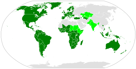 The distribution of the Latin script.
.mw-parser-output .legend{page-break-inside:avoid;break-inside:avoid-column}.mw-parser-output .legend-color{display:inline-block;min-width:1.25em;height:1.25em;line-height:1.25;margin:1px 0;text-align:center;border:1px solid black;background-color:transparent;color:black}.mw-parser-output .legend-text{}
Latin script is the sole official (or de facto official) national script.
Latin script is a co-official script at the national level.
Latin script is not officially used.

Latin-script alphabets are sometimes extensively used in areas coloured grey due to the use of unofficial second languages, such as French in Algeria and English in Egypt, and to Latin transliteration of the official script, such as pinyin in China. Latin alphabet world distribution.svg