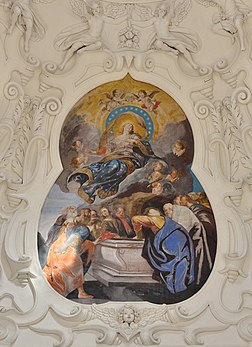 L'Assomption de Marie (XVIIe siècle), fresque de Stephan Kessler peinte en l'abbatiale Notre-Dame de Säben, dans le Tyrol. (définition réelle 3 663 × 5 038)