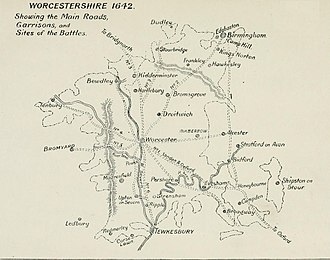 Map of Worcestershire in 1642. Showing the main roads, garrisons and battlefields. Map of Worcestershire in 1642.jpg