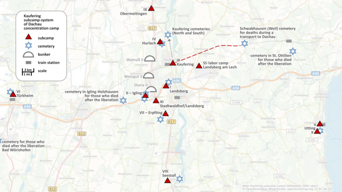 Illustration graphique sur une carte OpenStreetMap de la localisation géographique des camps satellites composant le complexe concentrationnaire de Kaufering