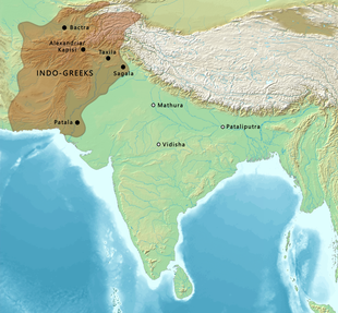 The Indo-Greek Kingdoms in 100-150 BCE. Map of the Indo-Greeks.png