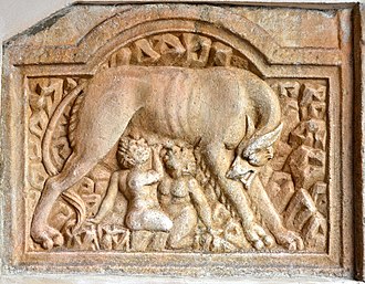 Ancient Roman relief from the Cathedral of Maria Saal showing the infant twins Romulus and Remus being suckled by a she-wolf Maria Saal Dom Grabrelief Romulus und Remus 27122013 774.jpg