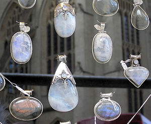 Moonstone cabochons in a jewellers window